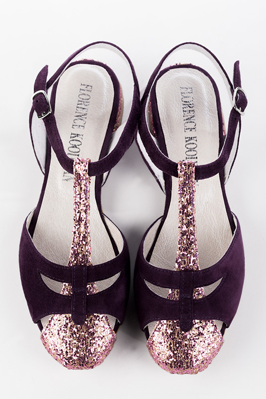 Carnation pink and amethyst purple women's open back T-strap shoes. Round toe. Flat block heels. Top view - Florence KOOIJMAN